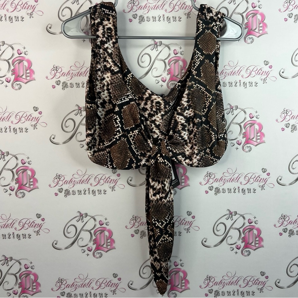 PrettyLittleThing tank top crop tie up NEW Brown and Black Snake Print Crop Top